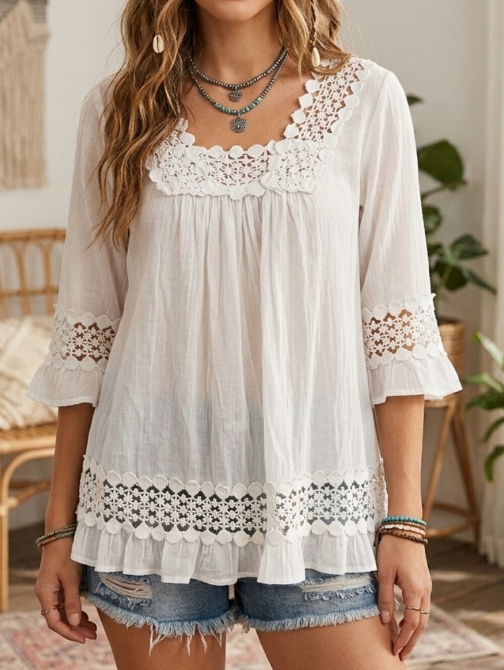 Cute Options Boho Style White Crochet Lace Trim Breezy Peasant Blouse Top